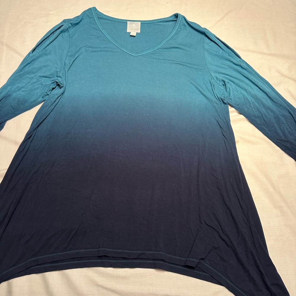 Sunday. Ombré Light Teal to Dark Teal, Shoulder opening, asymmetrical top. NWOT